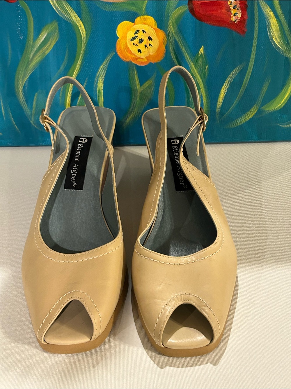 Etienne Aigner Beige Peep-Toe Slingback Mules